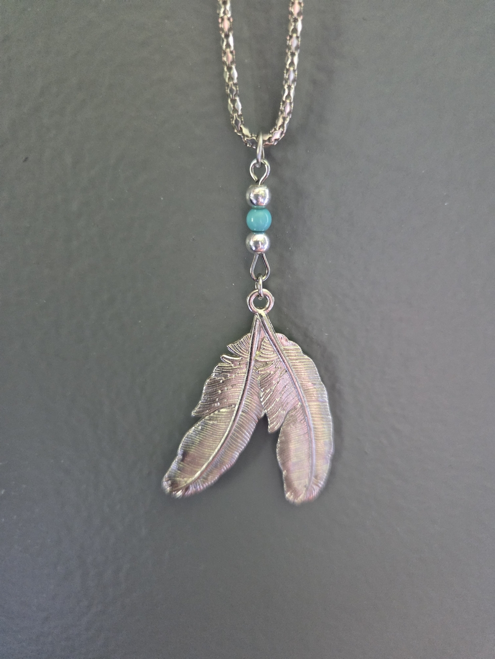 Silver Feather Pendant Necklace with Turquoise Bead - Women Jewelry